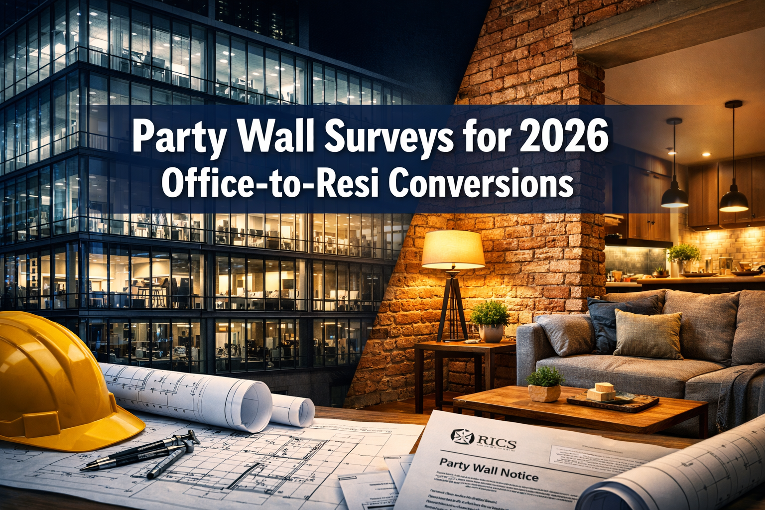 Professional () editorial hero image with 'Party Wall Surveys for 2026 Office-to-Resi Conversions' in extra large white with