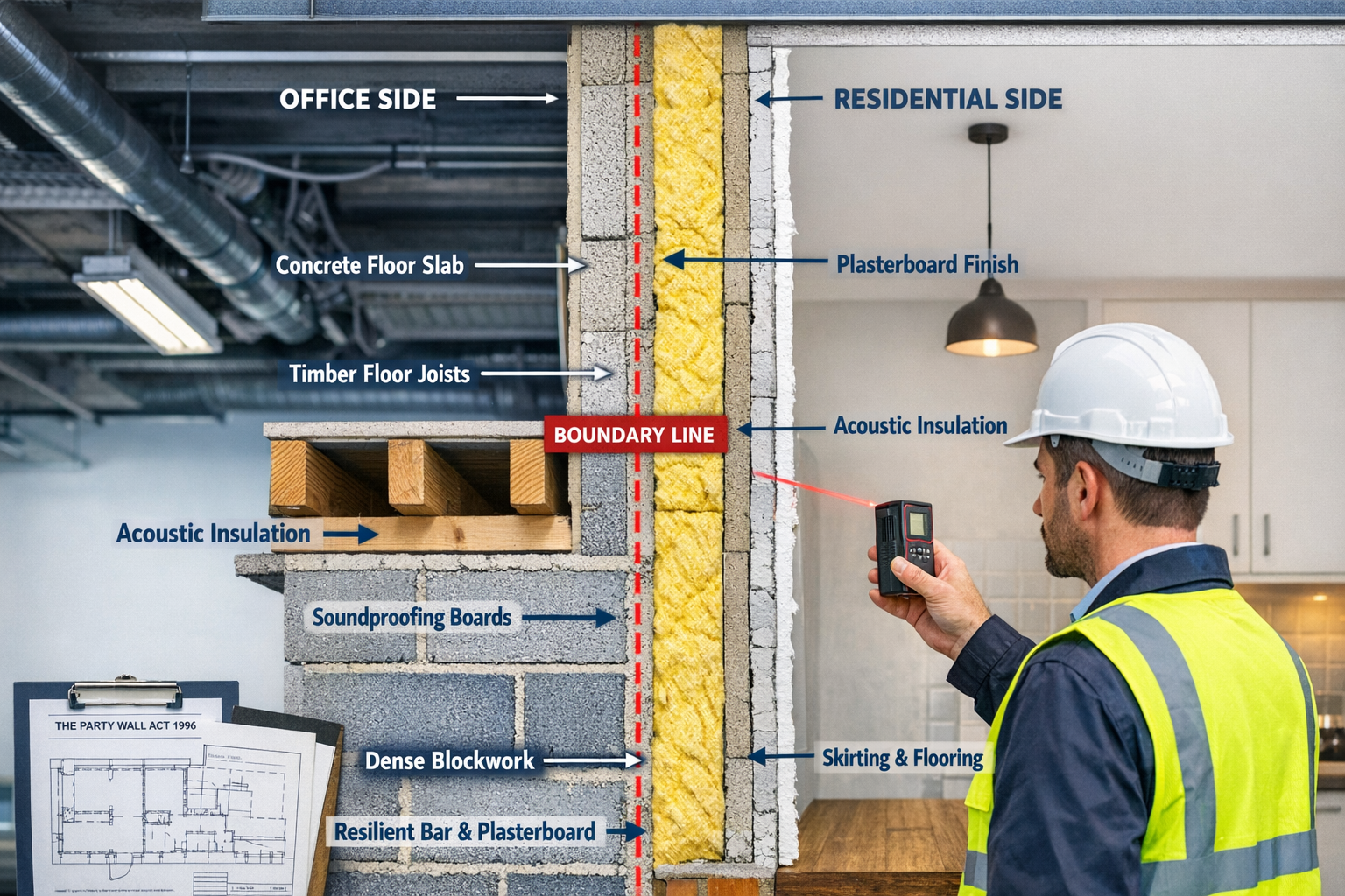 Detailed () image showing close-up of shared party wall cross-section in converted office building, with annotated technical