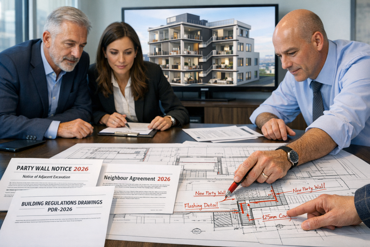 () professional meeting scene in modern office boardroom with three people reviewing large permitted development conversion