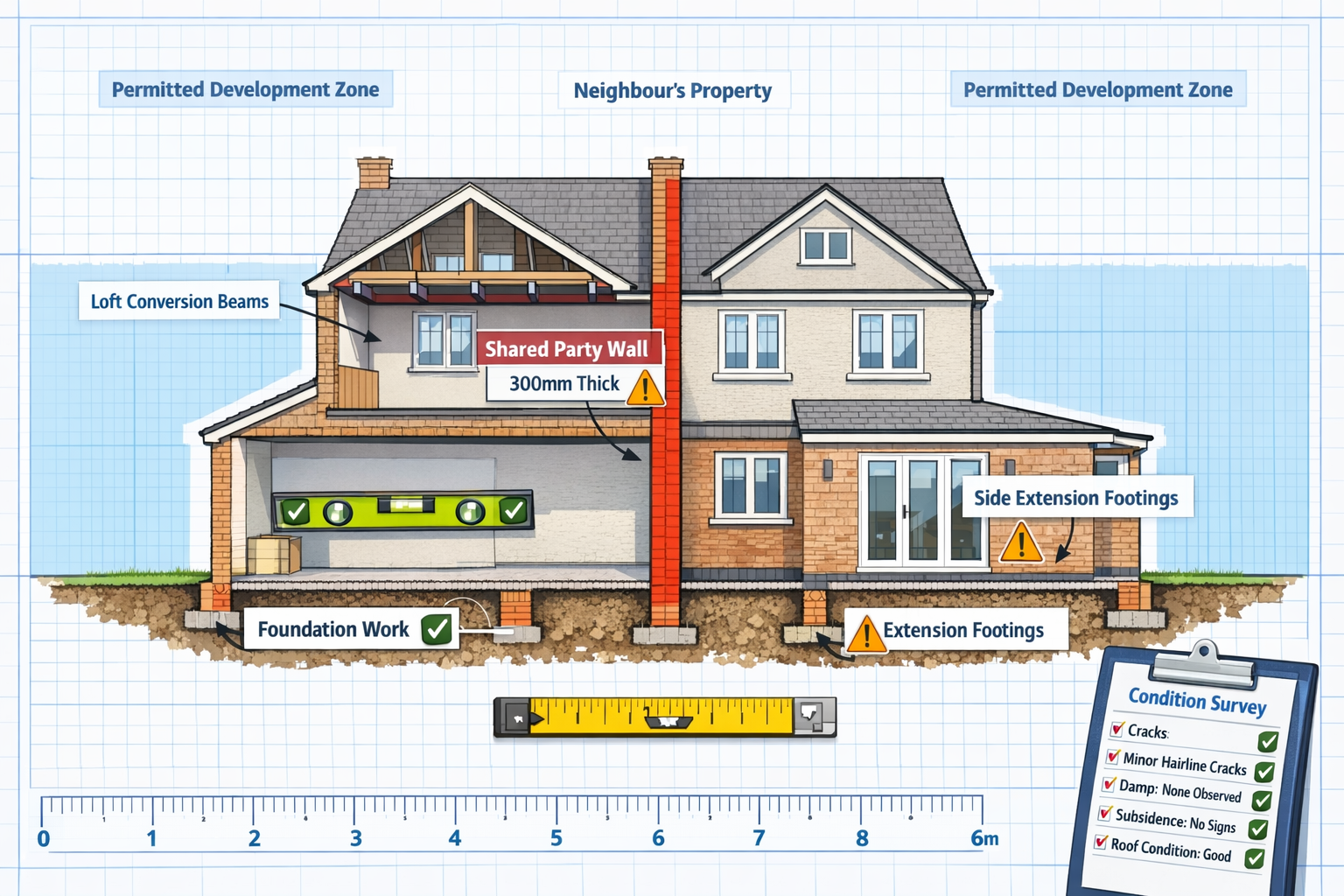 Detailed () illustration showing cross-section cutaway view of two adjoining suburban properties with shared party wall