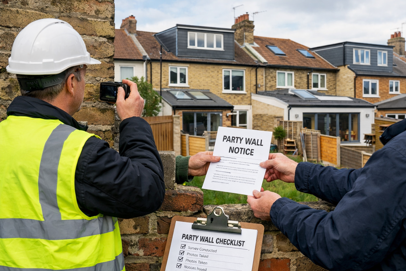 Detailed () photograph of suburban street scene showing typical terraced housing with multiple properties undergoing