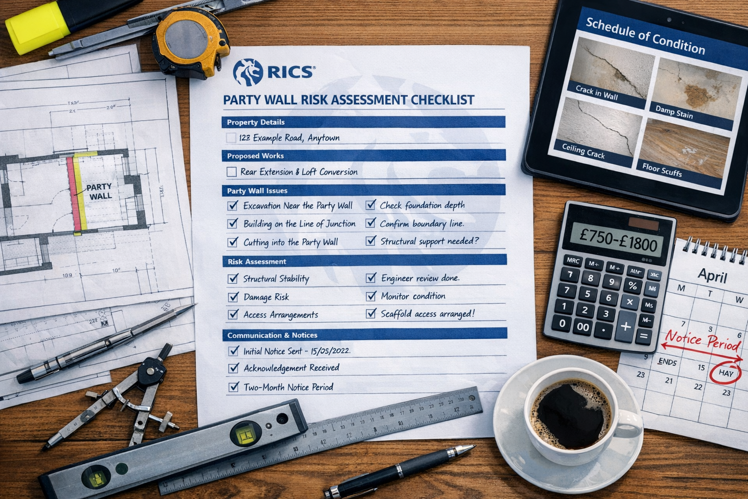 Detailed () close-up overhead view of desk workspace showing comprehensive party wall risk assessment checklist document