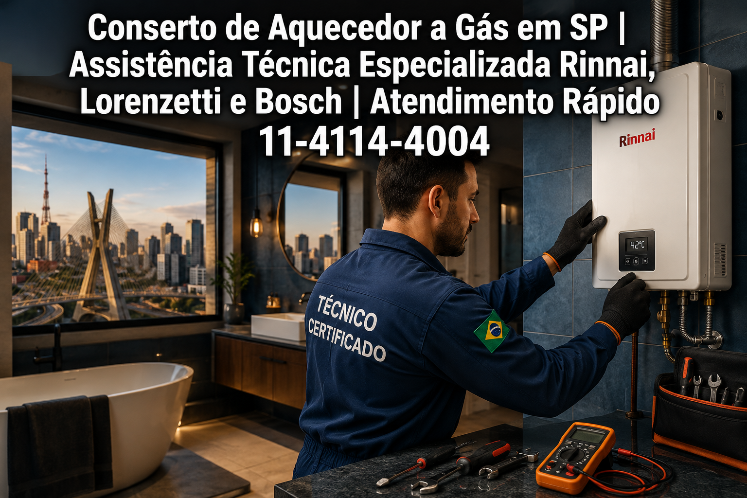 Professional () hero image featuring 'Conserto de Aquecedor a Gás em SP | Assistência Técnica Especializada Rinnai,