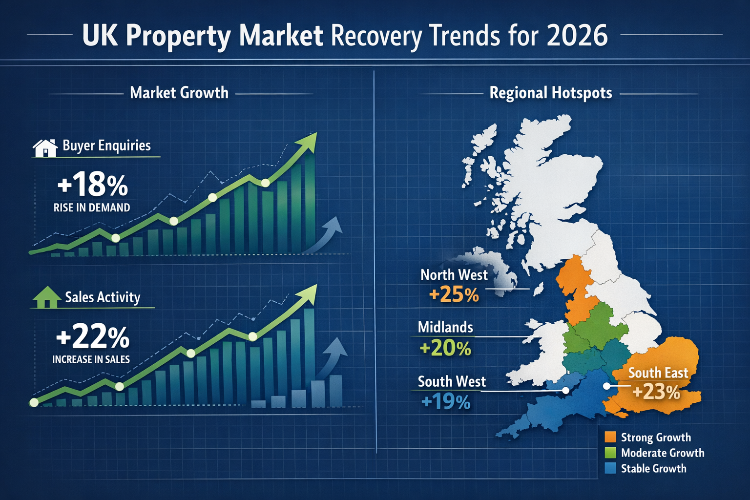 Detailed () infographic showing UK property market recovery trends for 2026, split-screen composition with left side