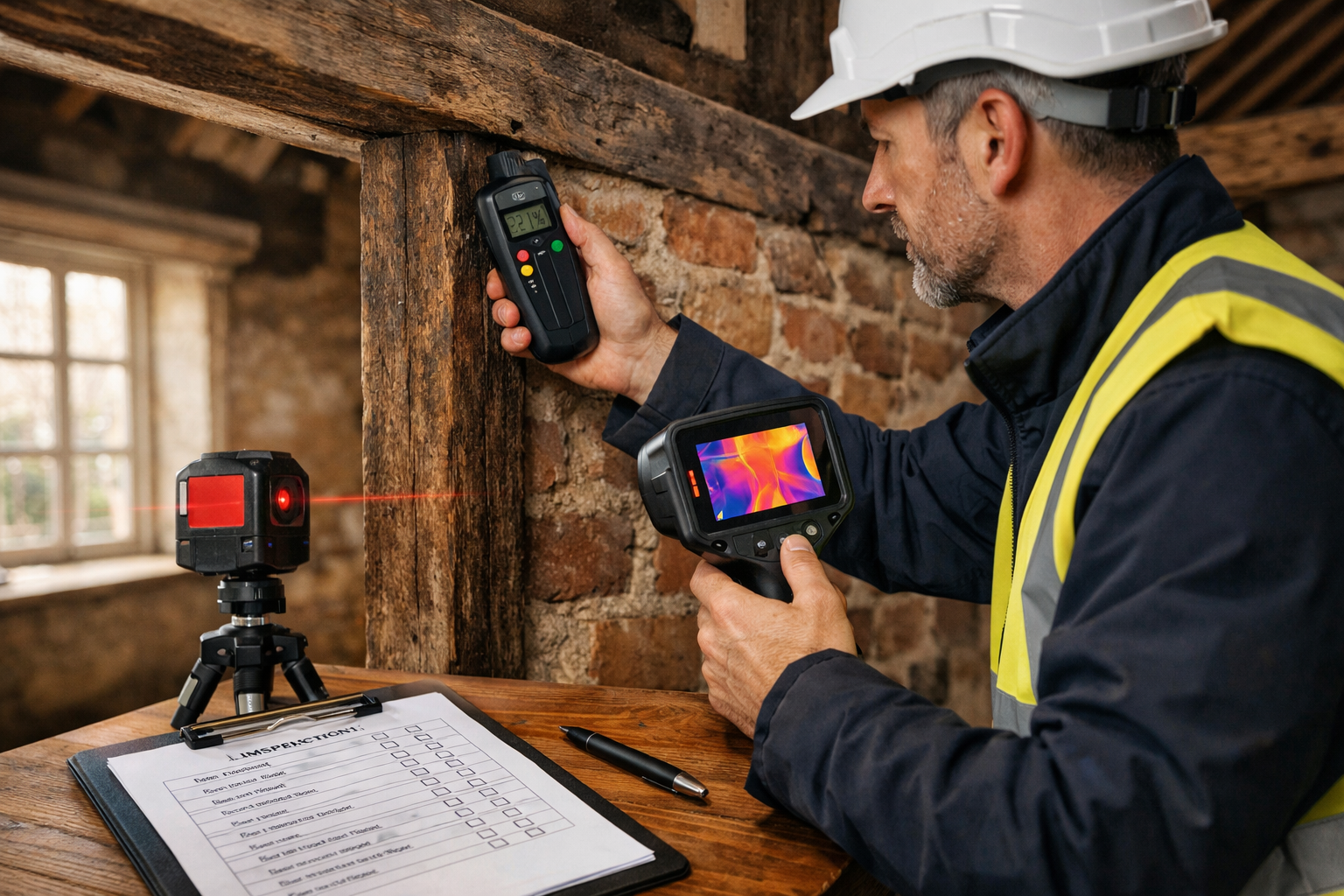 () professional photograph of chartered surveyor conducting detailed building inspection inside period property, examining
