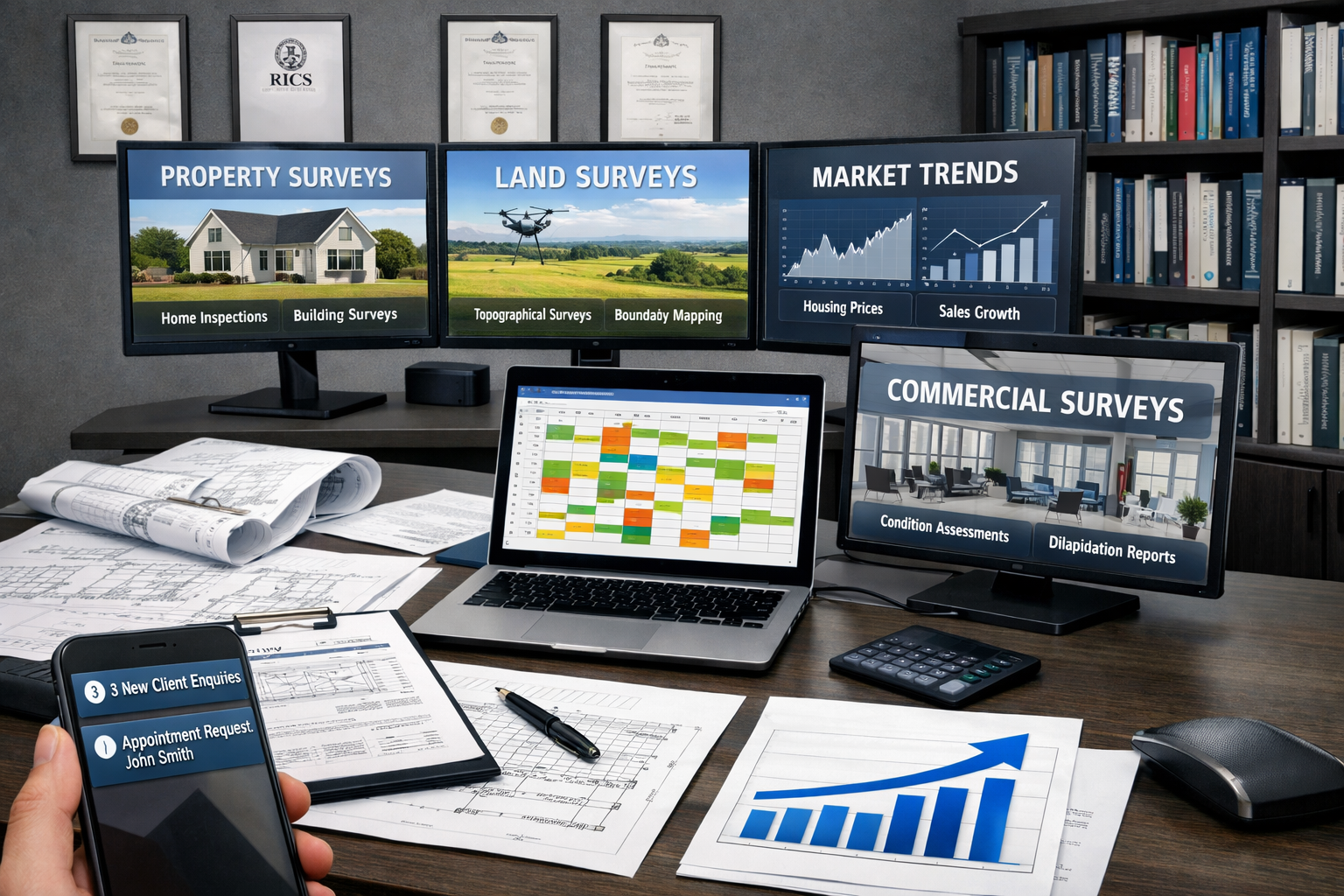 () conceptual business image showing surveyor's office workspace with multiple screens displaying different survey types and