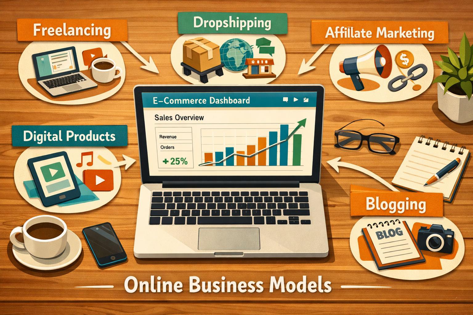 () editorial illustration showing a flat-lay overhead shot of a wooden desk with a laptop open to an e-commerce store