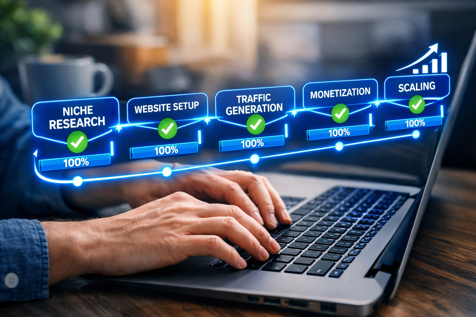 () editorial image showing a close-up angled view of a person's hands typing on a laptop with a floating digital roadmap