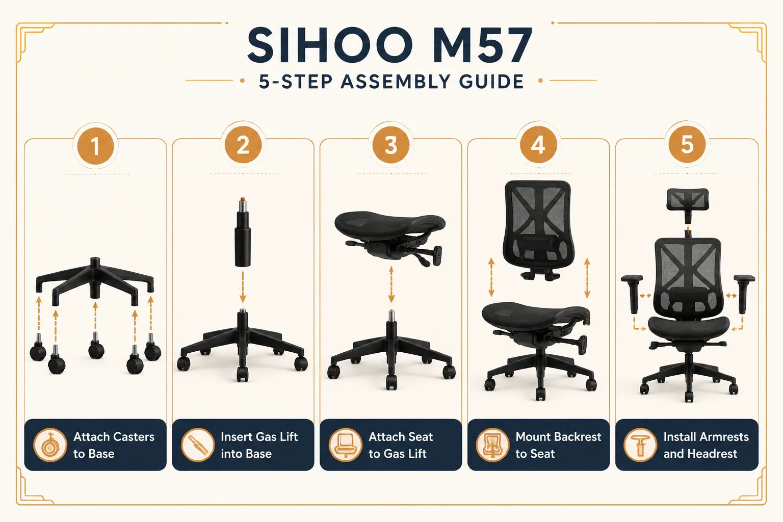 Step-by-step numbered assembly flow diagram in landscape format (1536x1024) showing Sihoo M57 chair assembly in five stages: Stage 1 shows base and casters, Stage 2 shows gas lift insertion, Stage 3 shows seat attachment, Stage 4 shows backrest mounting, Stage 5 shows armrest and headrest installation. Each stage has a small isometric illustration and a 3-5 word caption label. Bright clean background, warm amber and navy palette, numbered circular badges per step, modern instructional diagram style, all labels inside 5% safe margins. Sihoo M57 Assembly: How Long Does It Take?
