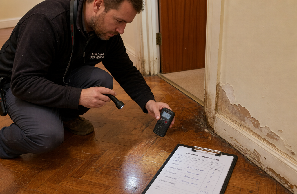 () close-up photorealistic image of a building surveyor crouching to inspect scratched hardwood parquet flooring in a rental