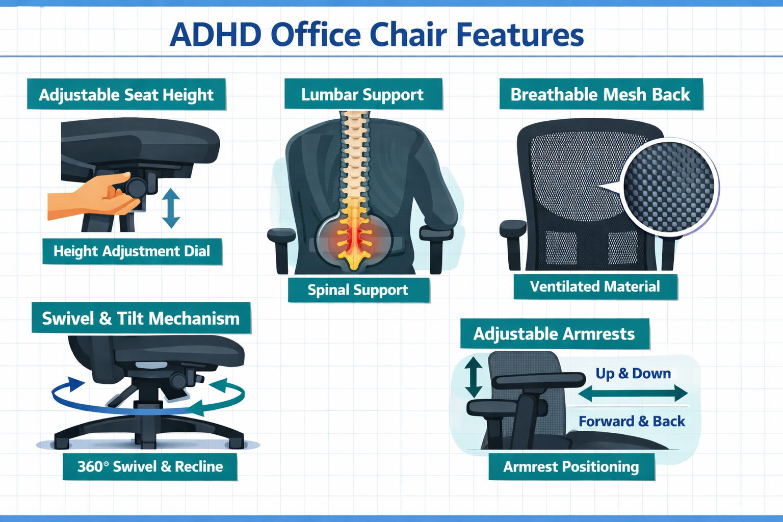 ADHD Office Chair Detailed landscape format (1536x1024) informational infographic-style illustration showing five key ergonomic chair features for ADHD management: adjustable seat height dial, lumbar support spine diagram, breathable mesh backrest close-up, swivel and tilt mechanism arrows, and armrest positioning guide. Each feature labeled with clean bold typography, color-coded callout boxes in teal and white, flat design style with subtle shadows, professional ergonomic chart aesthetic, ADHD Office Chair focus, clean white background with blue accent grid lines.