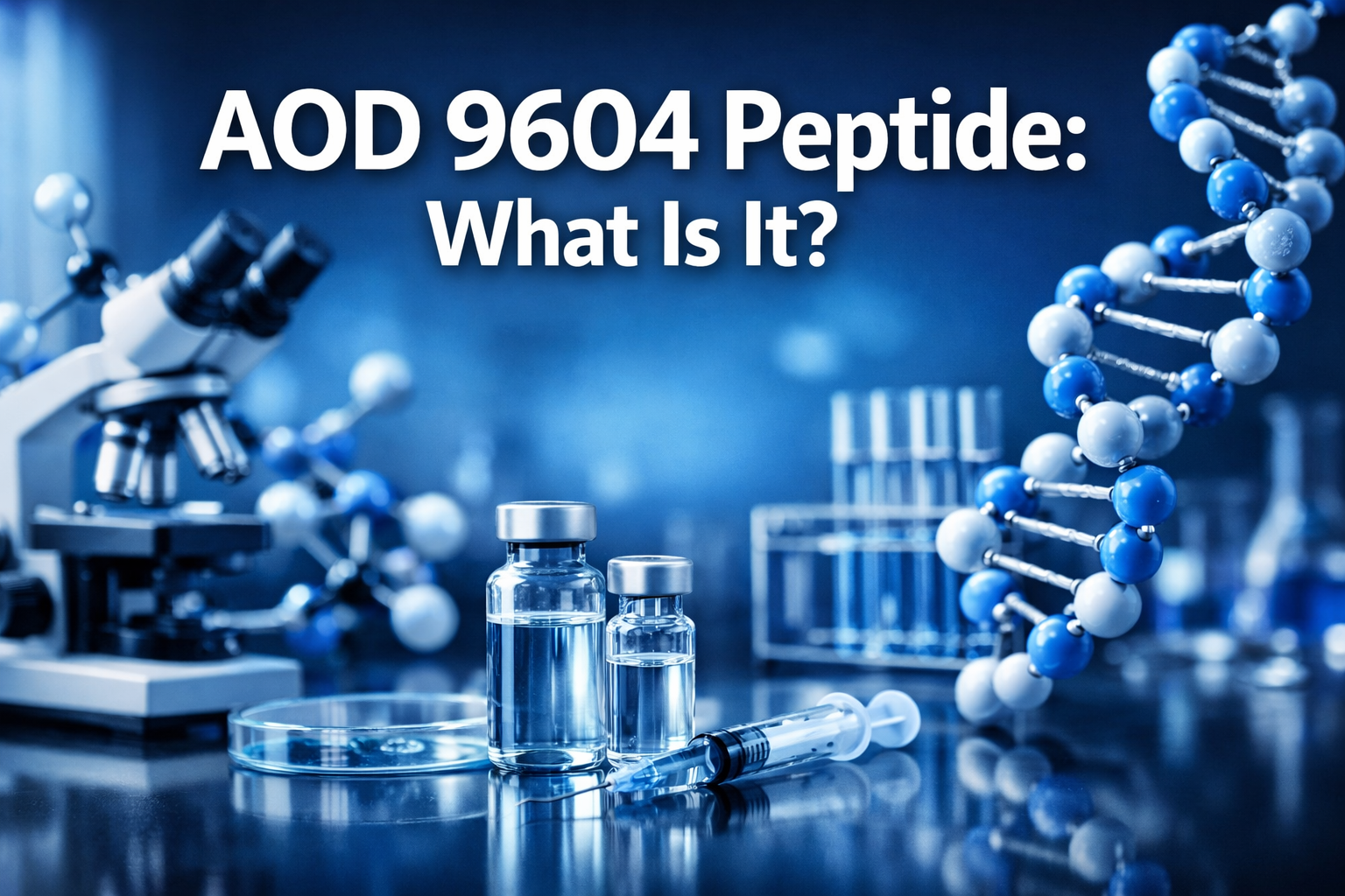Professional landscape hero image (1536x1024) featuring bold text overlay 'AOD 9604 Peptide: What Is It?' in extra large 72pt white sans-ser