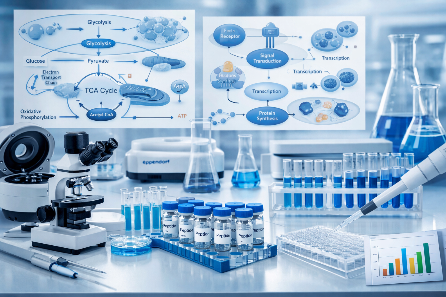 Research data visualization showing metabolic pathway diagrams, cellular mechanisms, laboratory testing equipment, scientific charts and gra