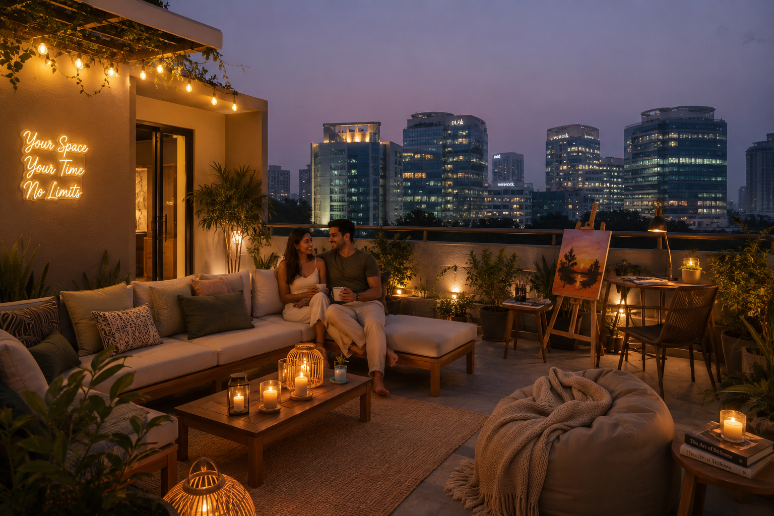 Detailed () image depicting a serene, private rooftop terrace of an Airbnb, designed for both relaxation and creative