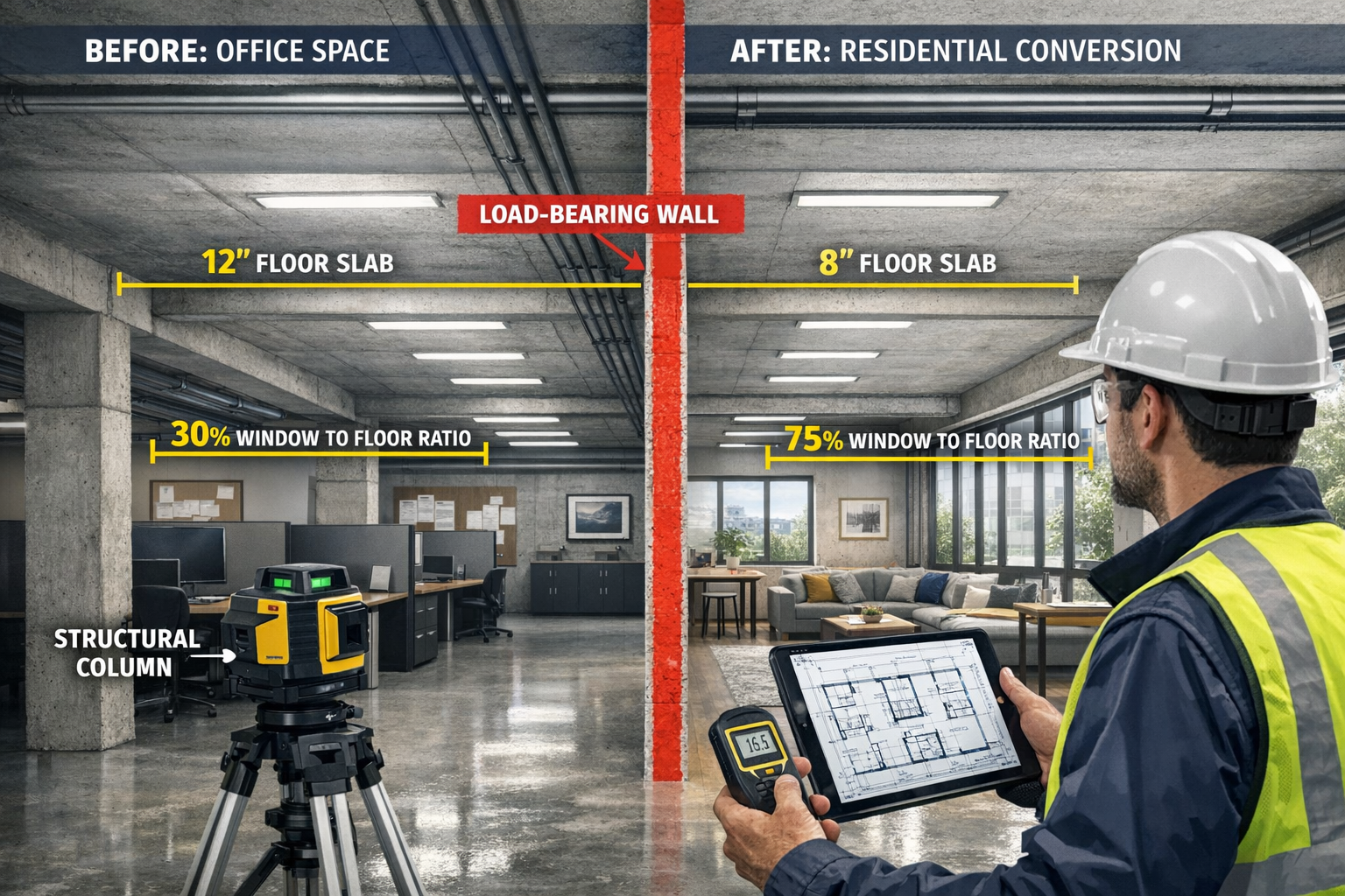 Detailed landscape format (1536x1024) image showing professional surveyor conducting structural assessment inside converted office space. Sc