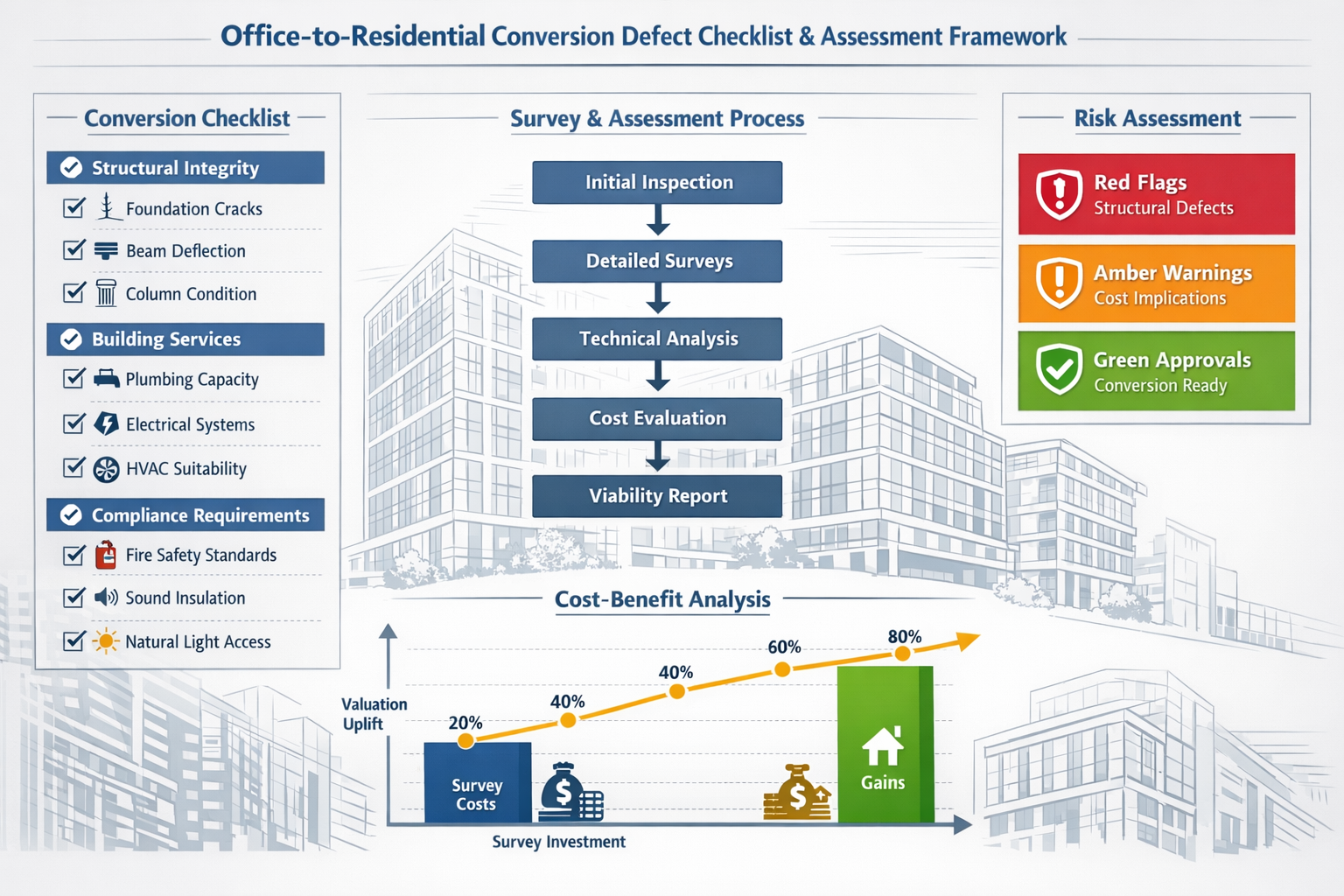 Comprehensive landscape format (1536x1024) infographic displaying office-to-residential conversion defect checklist and assessment framework