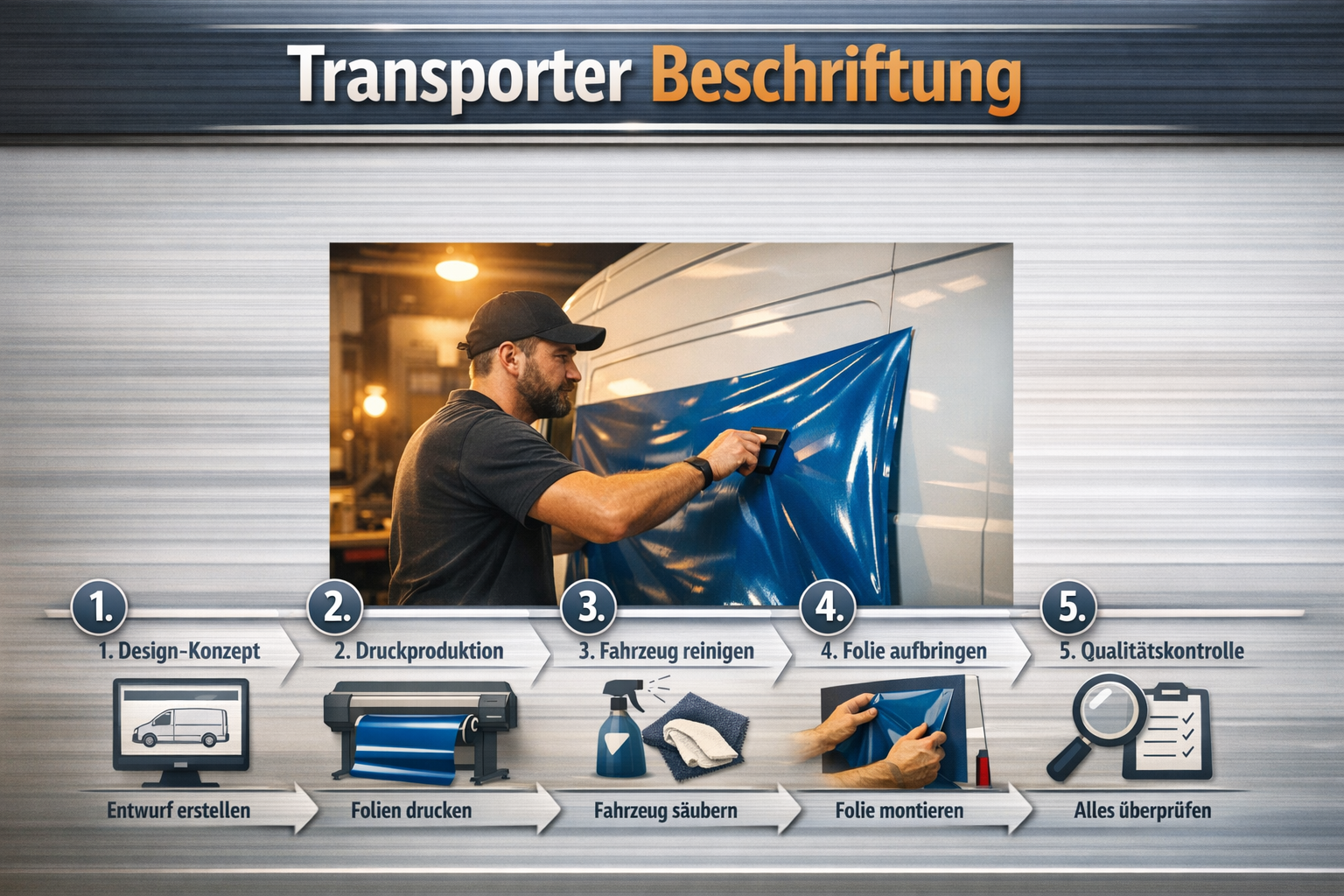 () step-by-step process diagram for Transporter Beschriftung showing five numbered stages: 1. Design-Konzept, 2.