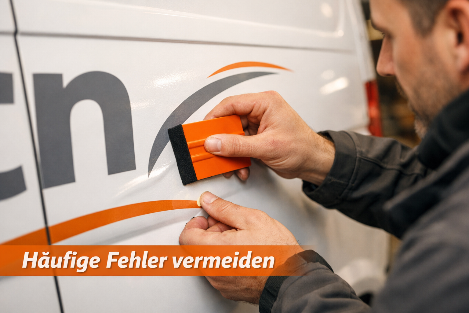 () close-up photographic image of a Werbetechniker carefully removing air bubbles from a freshly applied vinyl lettering on