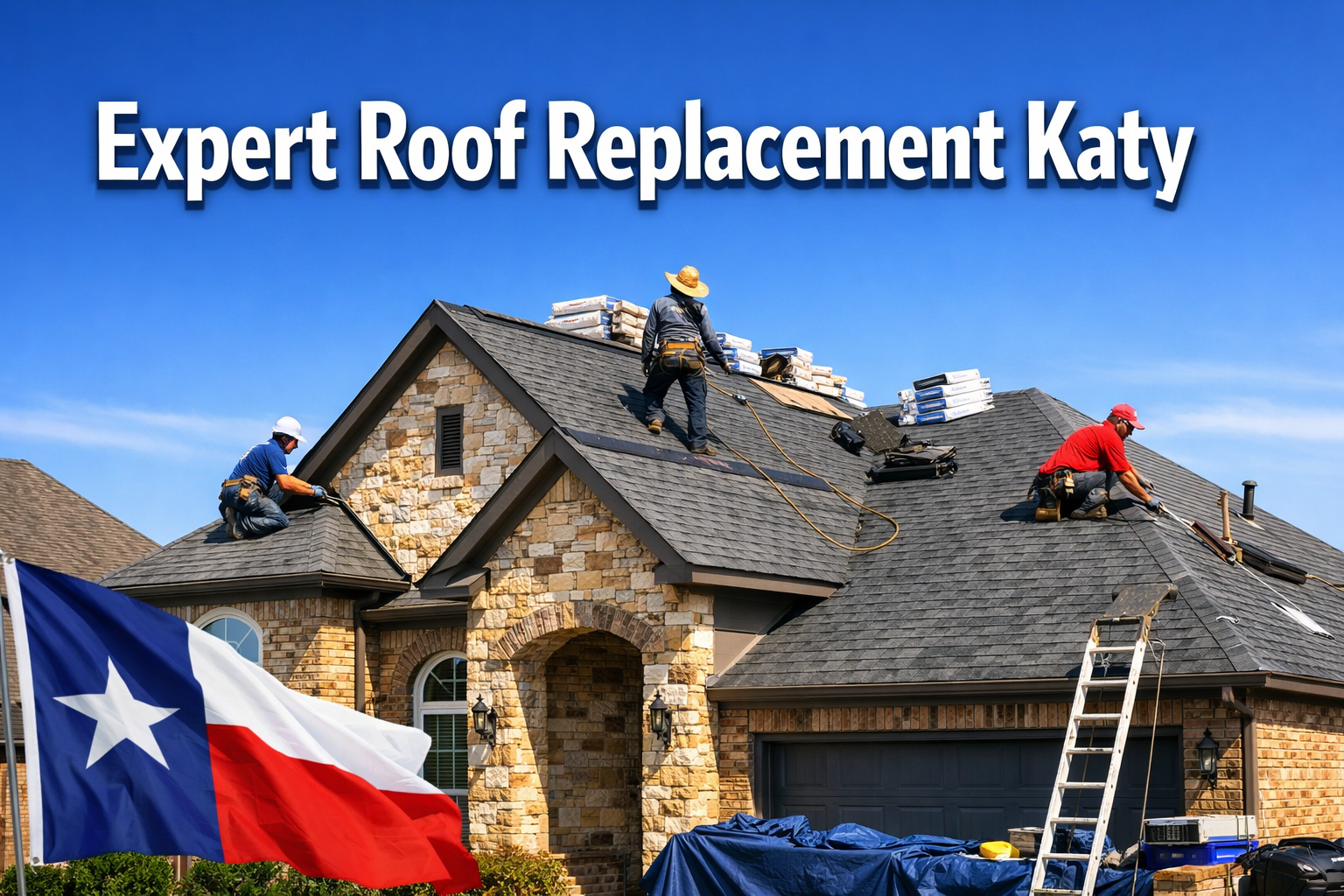 Professional landscape hero image (1536x1024) featuring bold text overlay 'Expert Roof Replacement Katy' in extra large 72pt white sans-seri