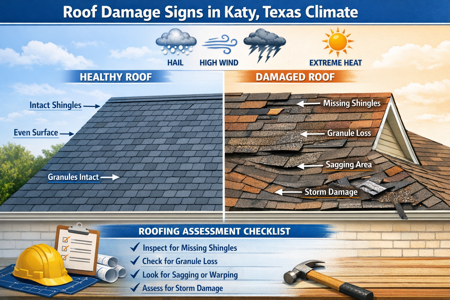 Detailed infographic showing roof damage signs in Katy Texas climate - split image comparing healthy vs damaged roof with labeled arrows poi