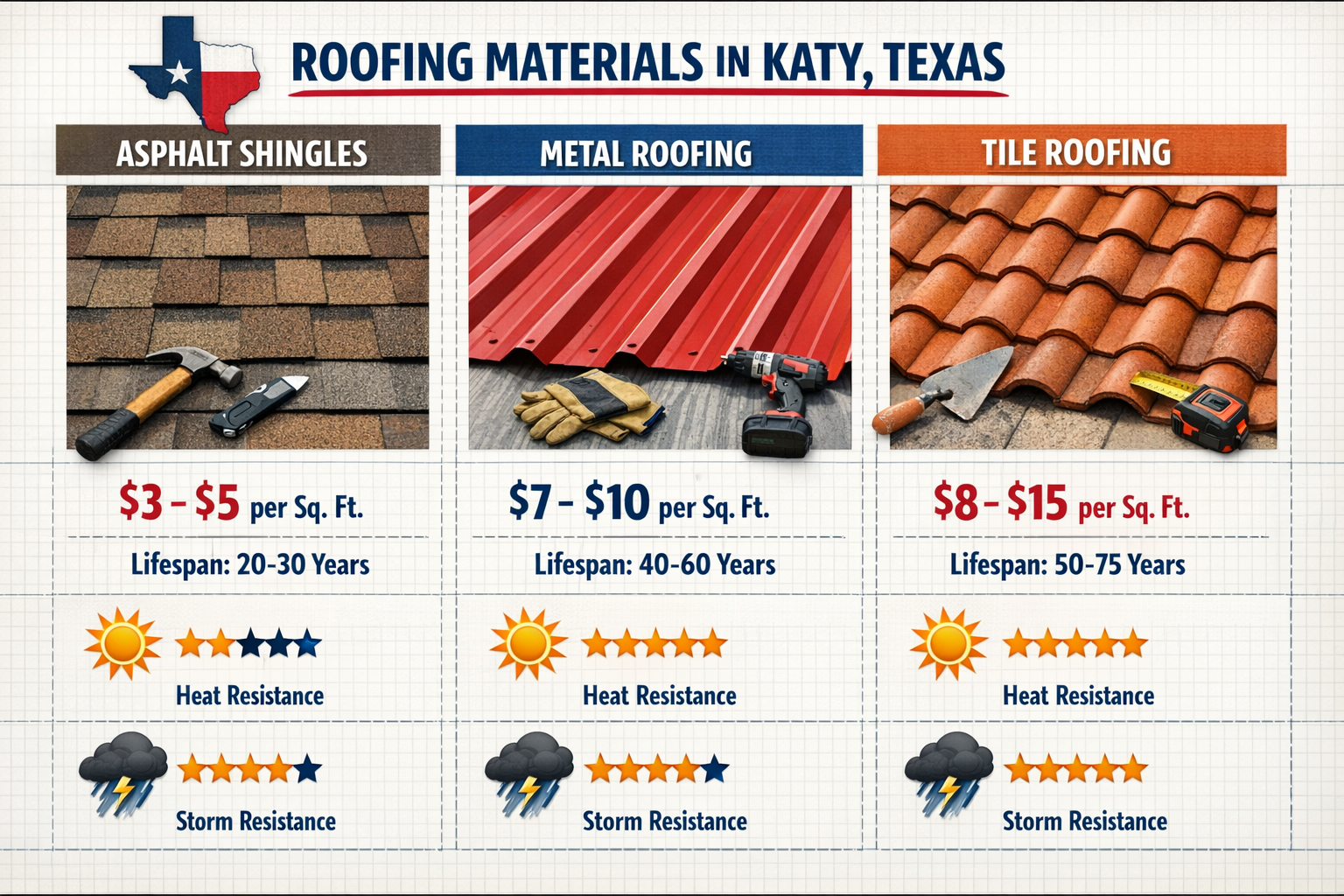Comprehensive visual comparison chart of roofing materials popular in Katy Texas - side-by-side sections showing asphalt shingles, metal roo