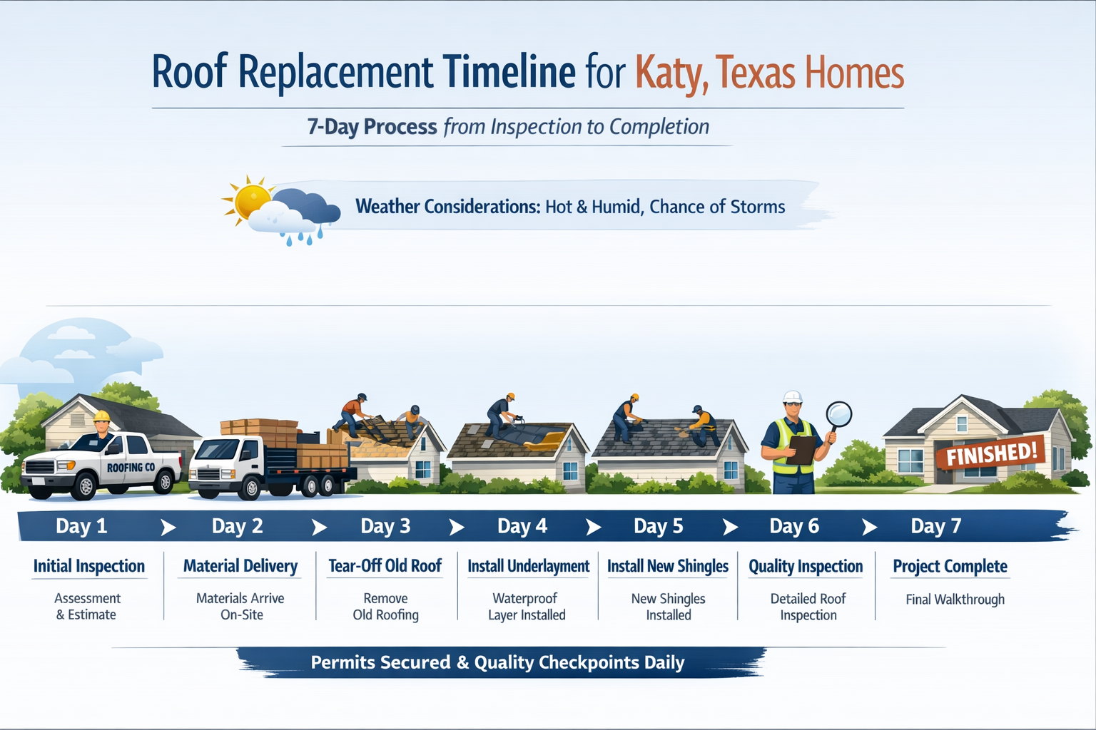 Professional roof replacement timeline infographic for Katy Texas homes - horizontal timeline showing 7-day process from initial inspection 