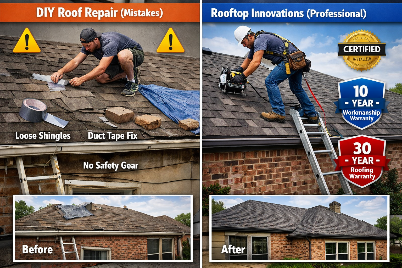 Split-screen comparison showing DIY roof repair attempt vs professional Rooftop Innovations installation in Katy Texas. Left side shows comm