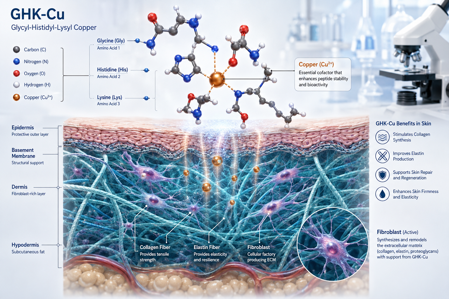 Detailed () scientific illustration showing a 3D molecular model of the GHK-Cu tripeptide-copper complex hovering above a