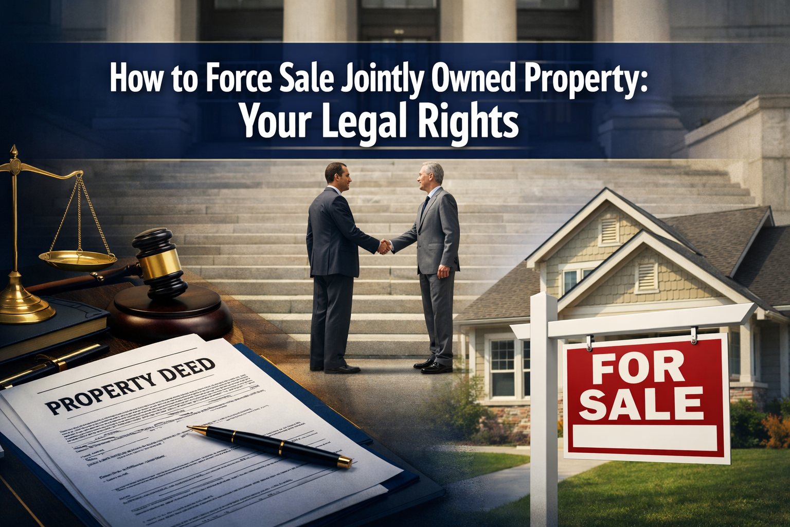 Professional landscape format (1536x1024) hero image featuring bold text overlay 'How to Force Sale Jointly Owned Property: Your Legal Right