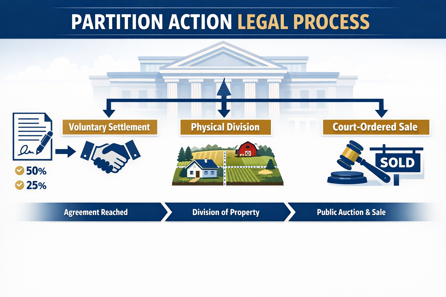 Detailed landscape format (1536x1024) image showing partition action legal process flowchart with three main branches: voluntary agreement (