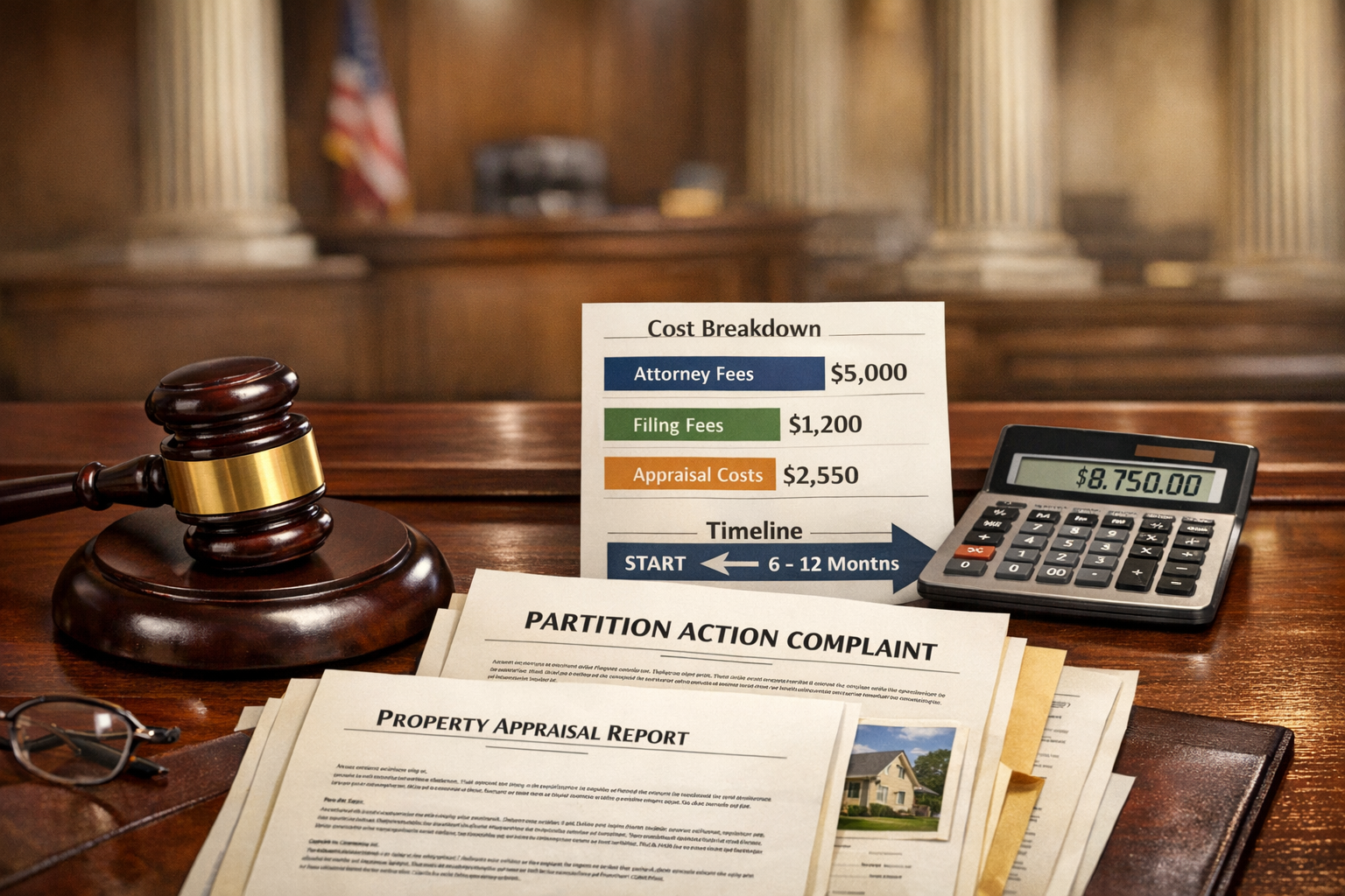 Detailed landscape format (1536x1024) image depicting courtroom scene with judge's gavel on sound block in foreground, legal brief documents