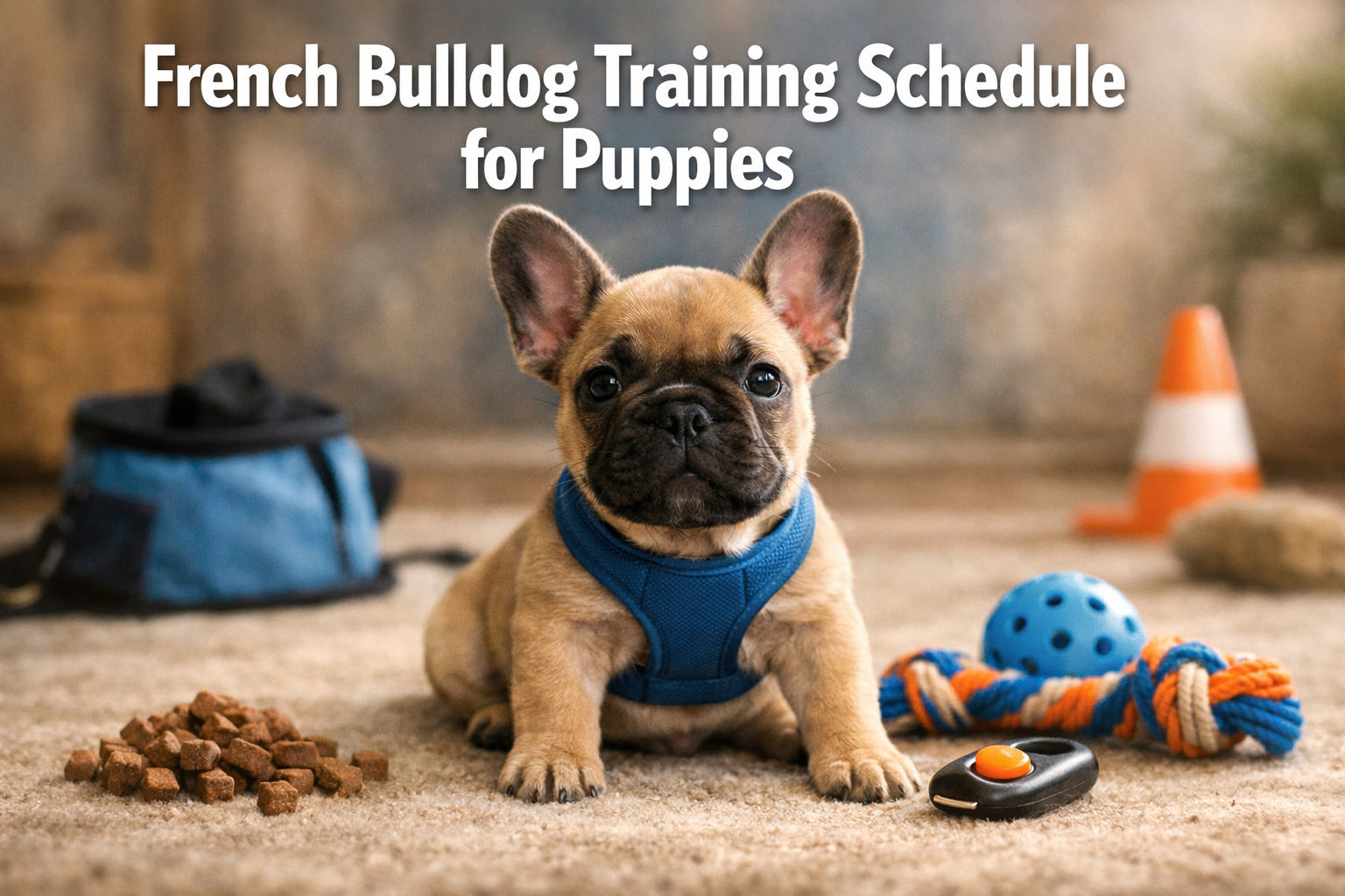 Professional landscape format (1536x1024) hero image featuring bold text overlay 'French Bulldog Training Schedule for Puppies' in extra lar