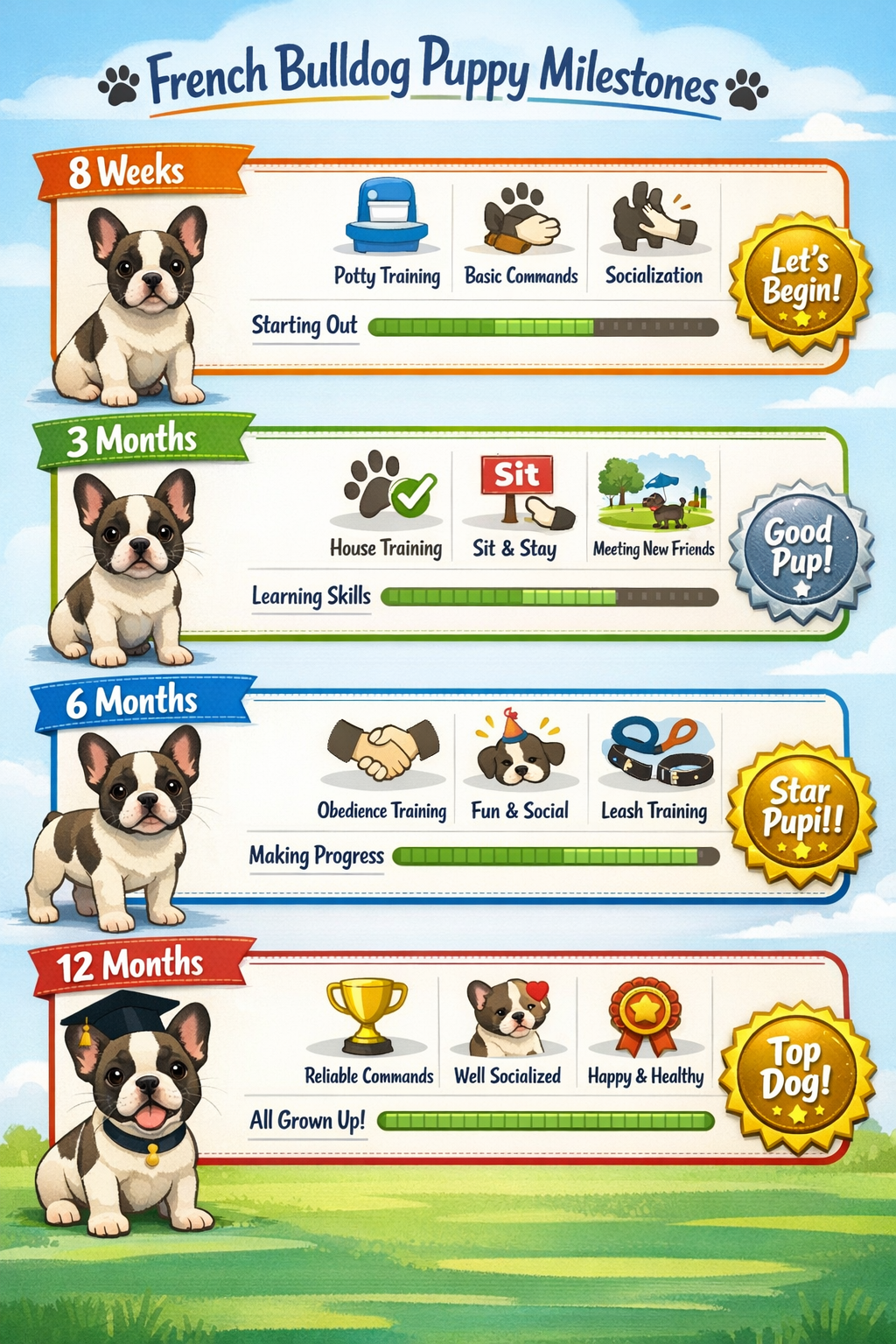 Portrait format (1024x1536) infographic showing French Bulldog puppy age milestones from 8 weeks to 12 months with colorful timeline, traini