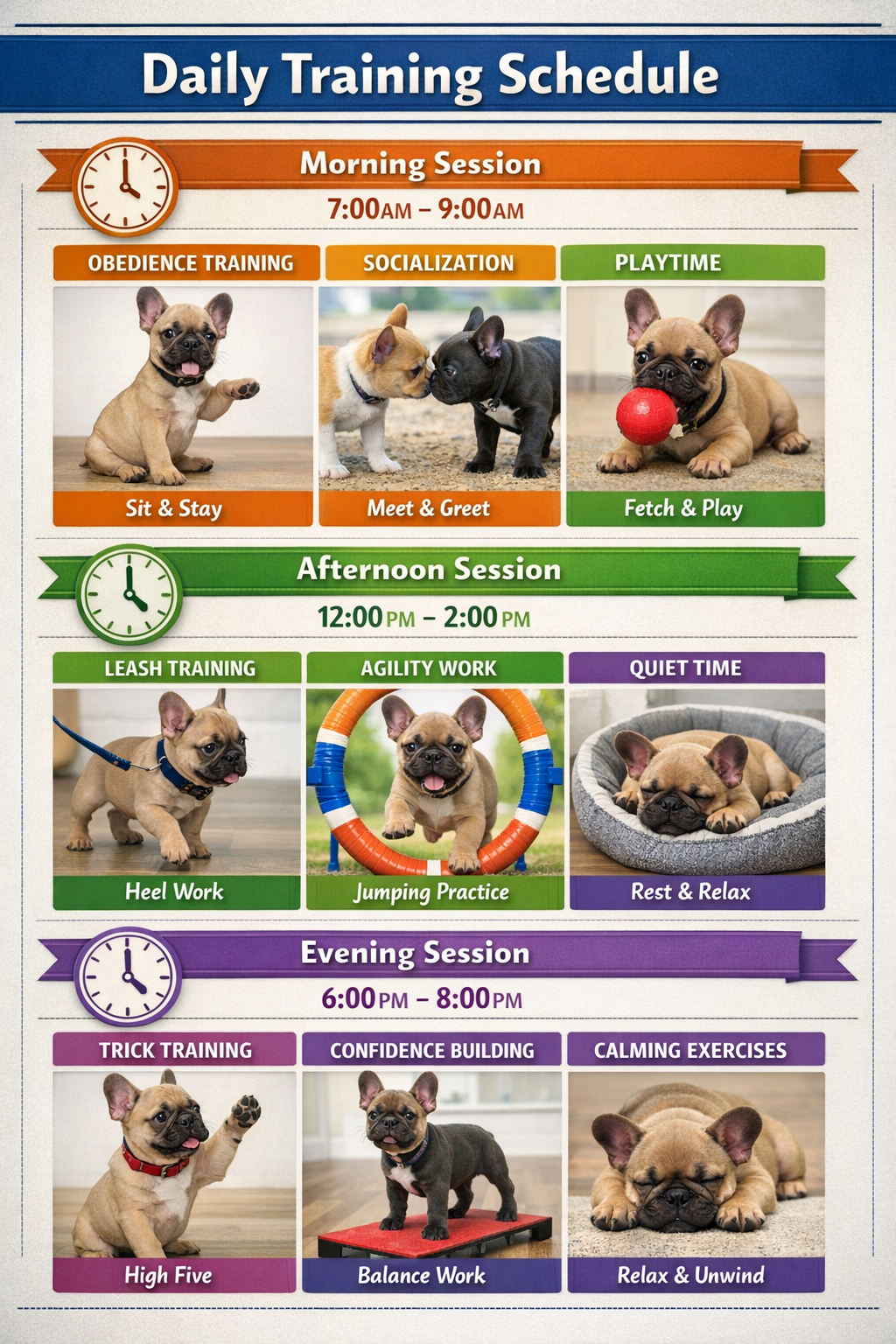 Detailed portrait format (1024x1536) visual showing daily training schedule breakdown with clock icons, activity blocks for morning/afternoo