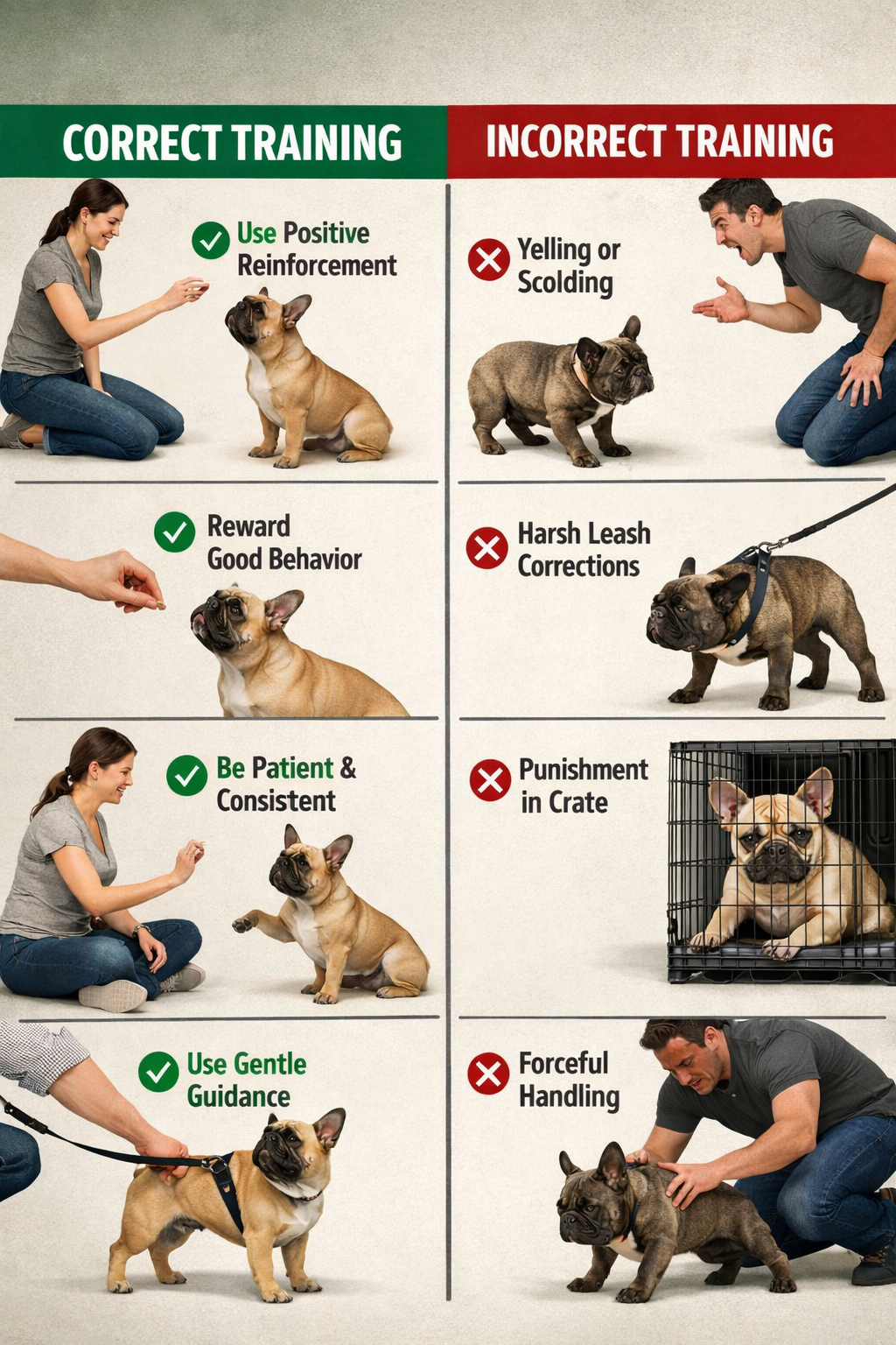 Portrait format (1024x1536) comparison chart showing correct vs incorrect French Bulldog training methods, split-screen design with green ch