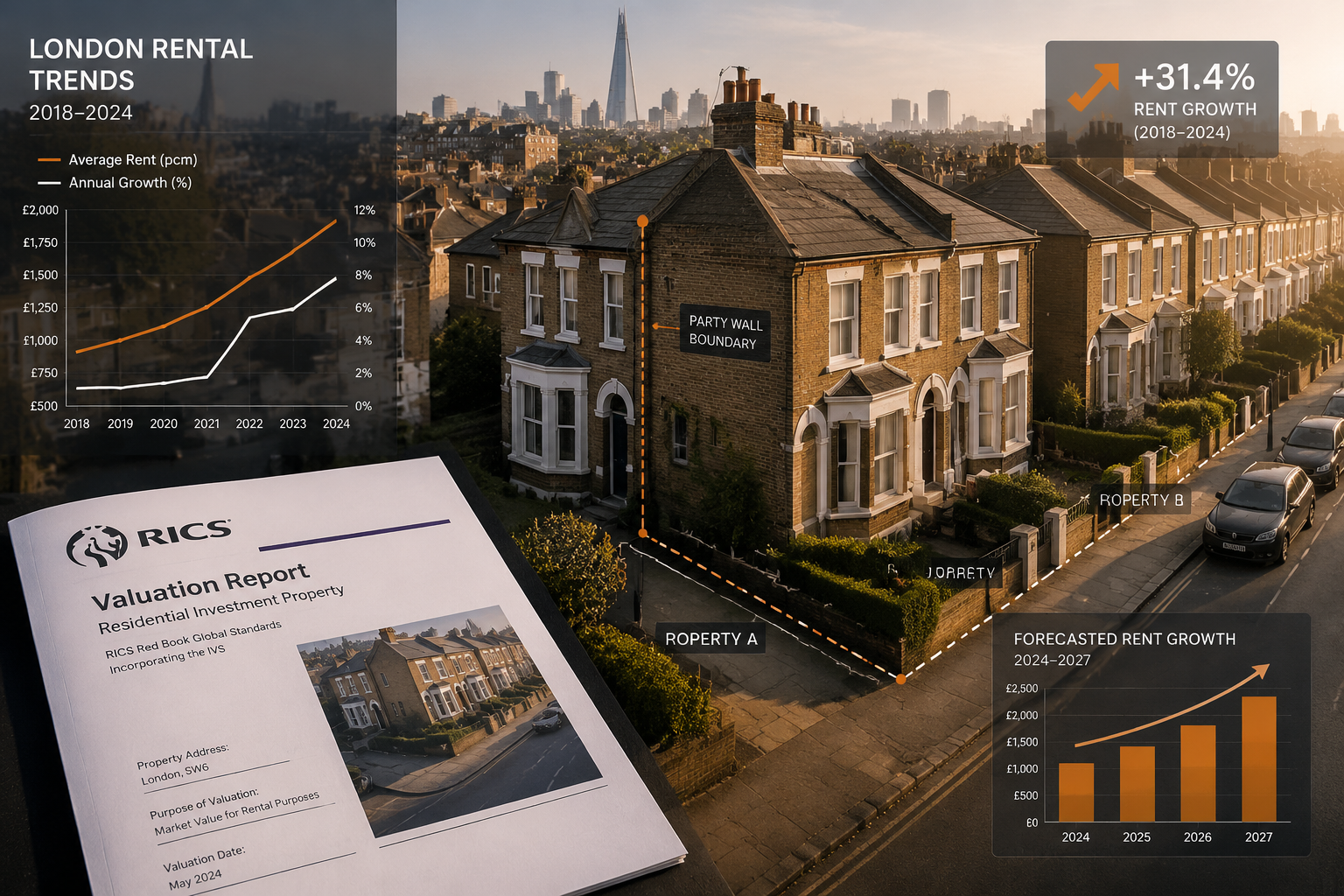 Wide-angle aerial view of a London terrace street showing party wall boundaries between semi-detached properties, with a