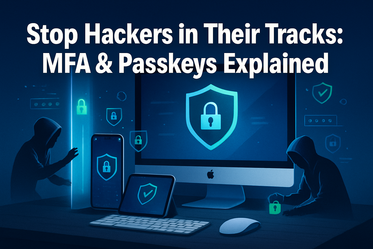 Professional landscape hero image (1536x1024) featuring bold text overlay 'Stop Hackers in Their Tracks: MFA & Passkeys Explained' in extra 