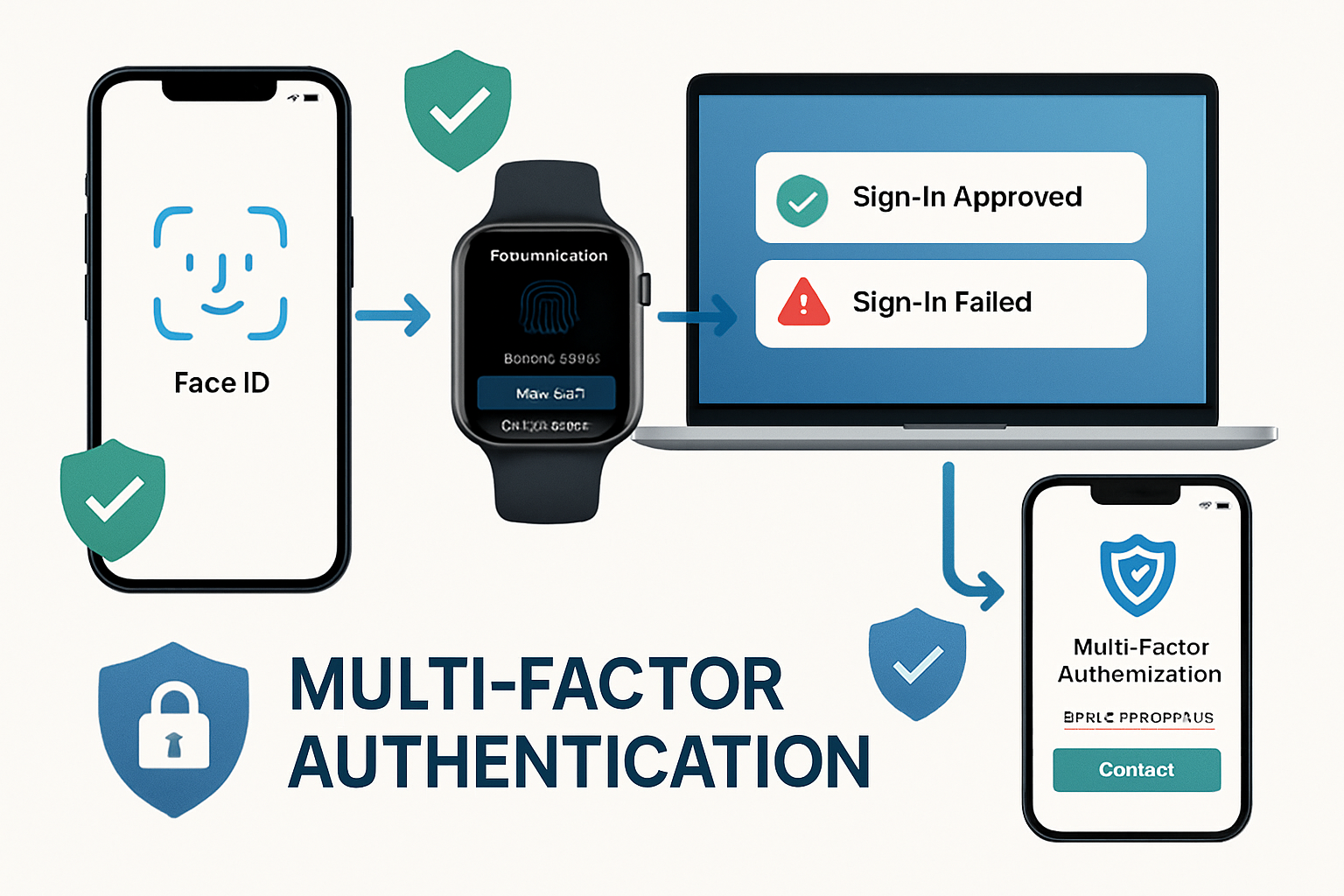 Detailed infographic showing multi-factor authentication process with iPhone displaying Face ID, Apple Watch showing authentication prompt, 