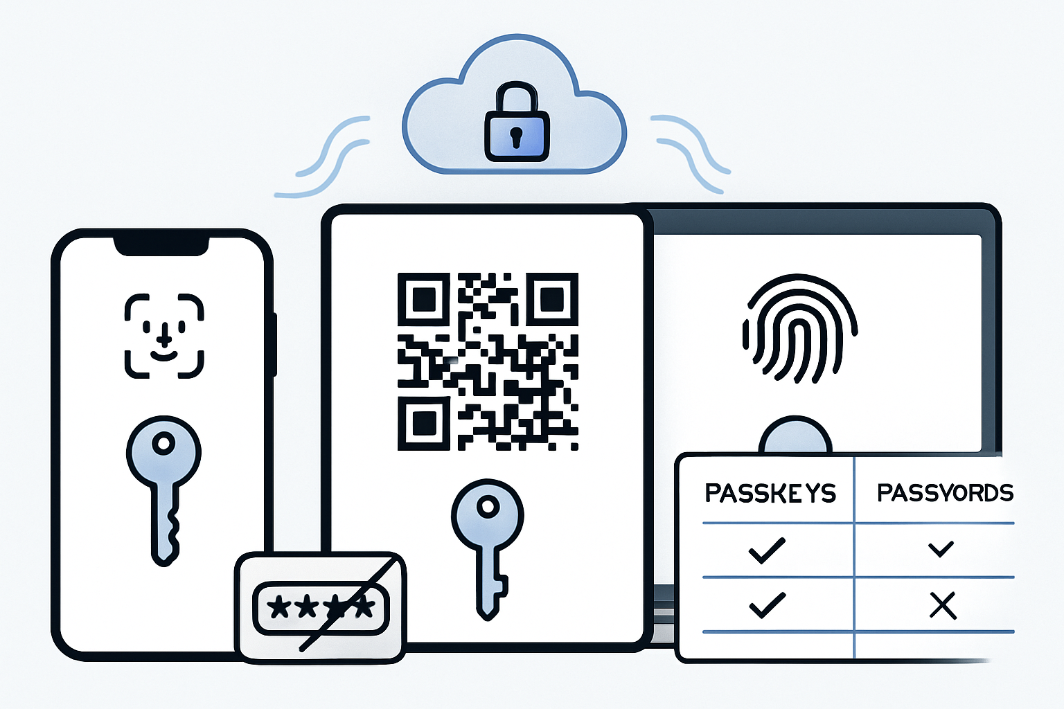 Comprehensive passkey technology illustration featuring Apple devices (iPhone, iPad, Mac) with biometric authentication icons (Face ID, Touc