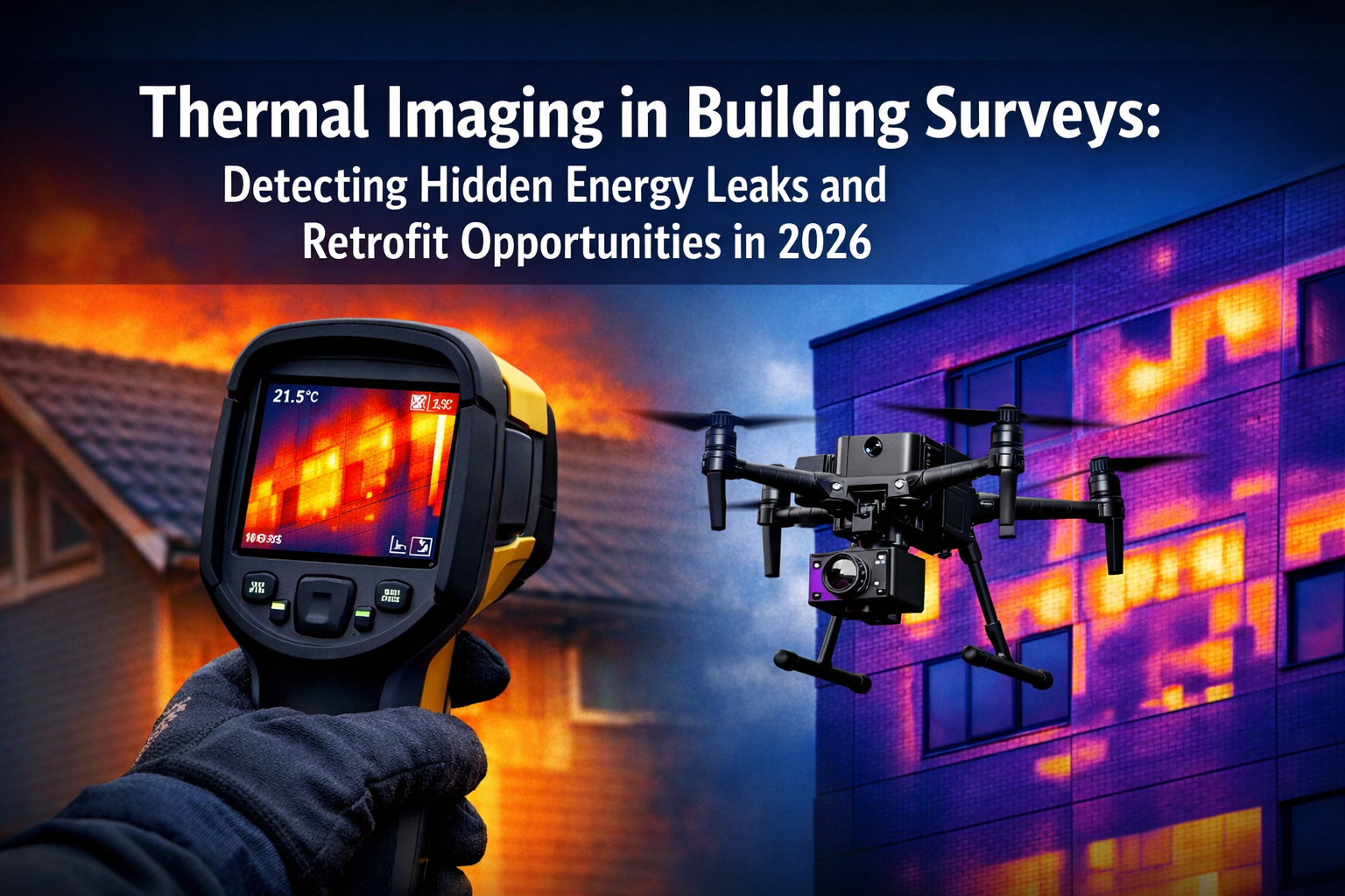 Professional landscape format (1536x1024) hero image featuring bold text overlay 'Thermal Imaging in Building Surveys: Detecting Hidden Ener