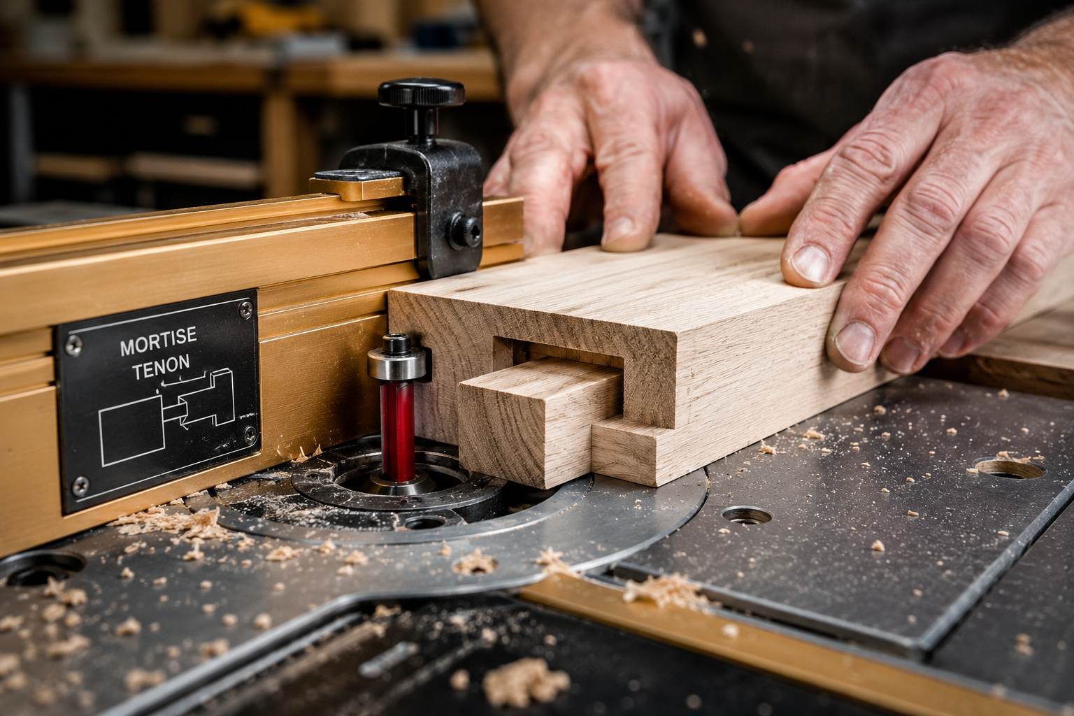 Detailed () image illustrating advanced router table joinery. The scene shows a close-up of a router table setup, with a