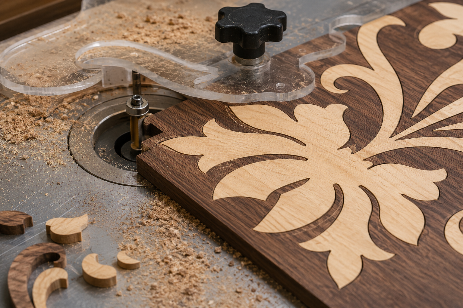 () image showcasing intricate inlay work on a router table. The scene focuses on a partially completed wooden panel with a