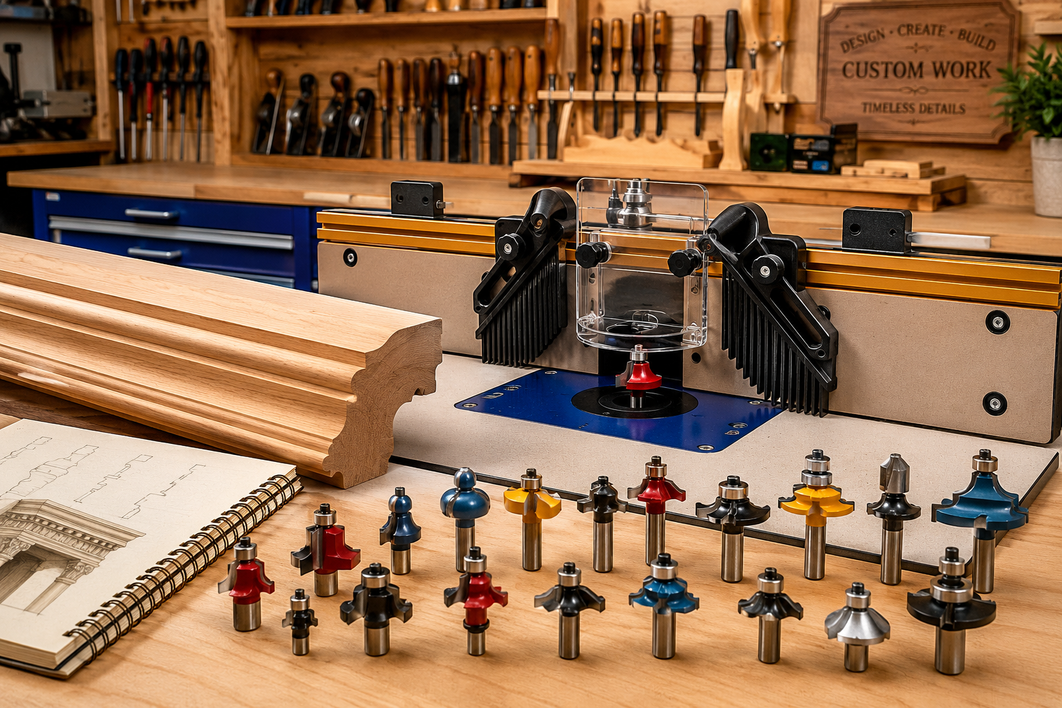 Vibrant () image depicting the setup for custom molding creation on a router table. A workbench is shown with various