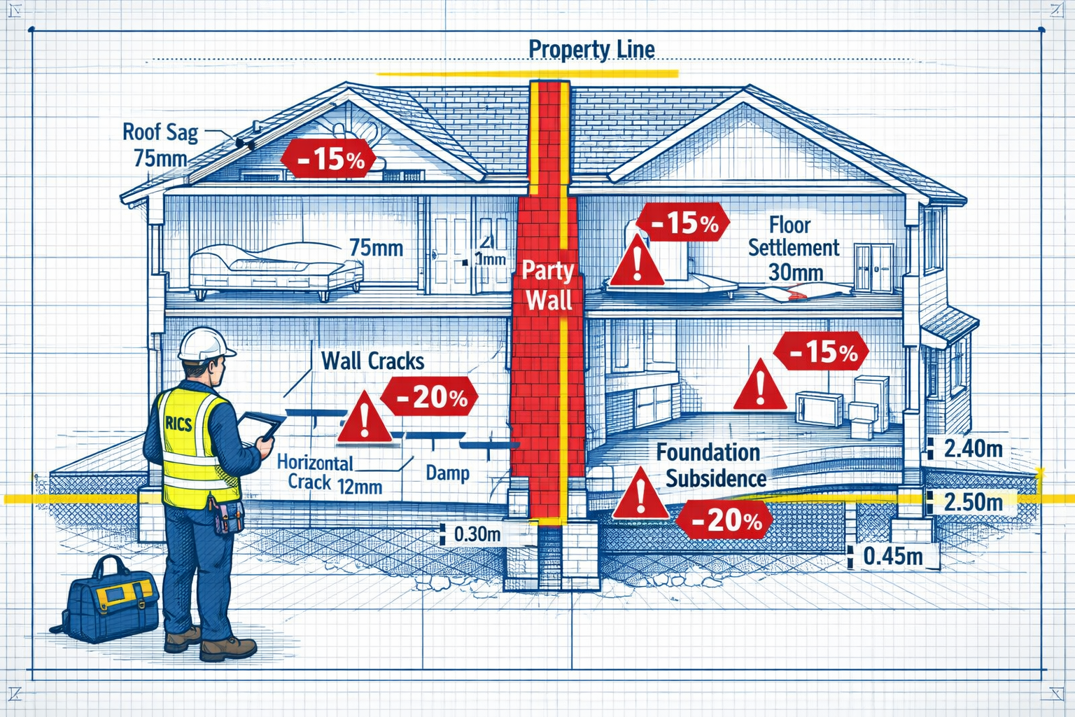 () detailed cutaway architectural illustration showing cross-section of semi-detached property with highlighted boundary