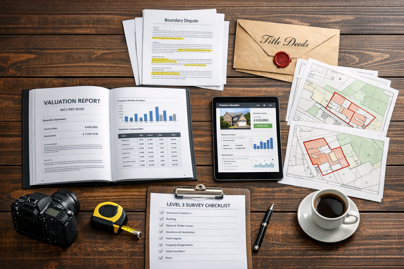 () professional photograph of surveyor's desk workspace from overhead flat-lay perspective showing RICS Red Book valuation