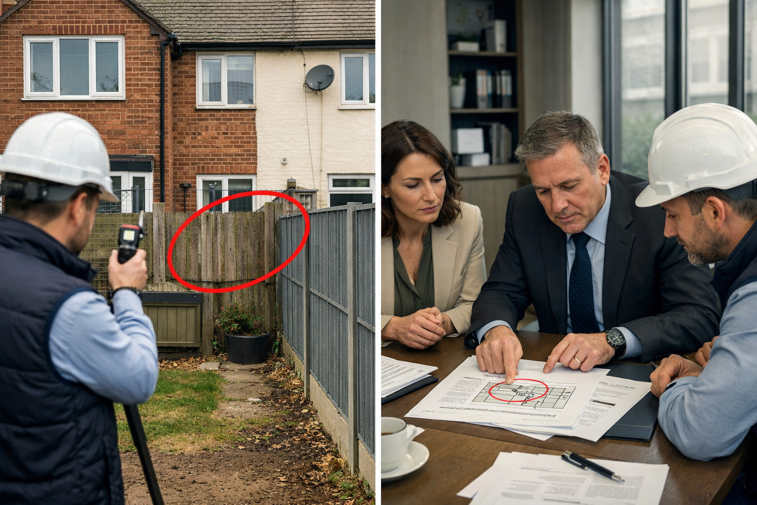 () split-screen comparison image showing same terraced house property: left side displays exterior view with surveyor using