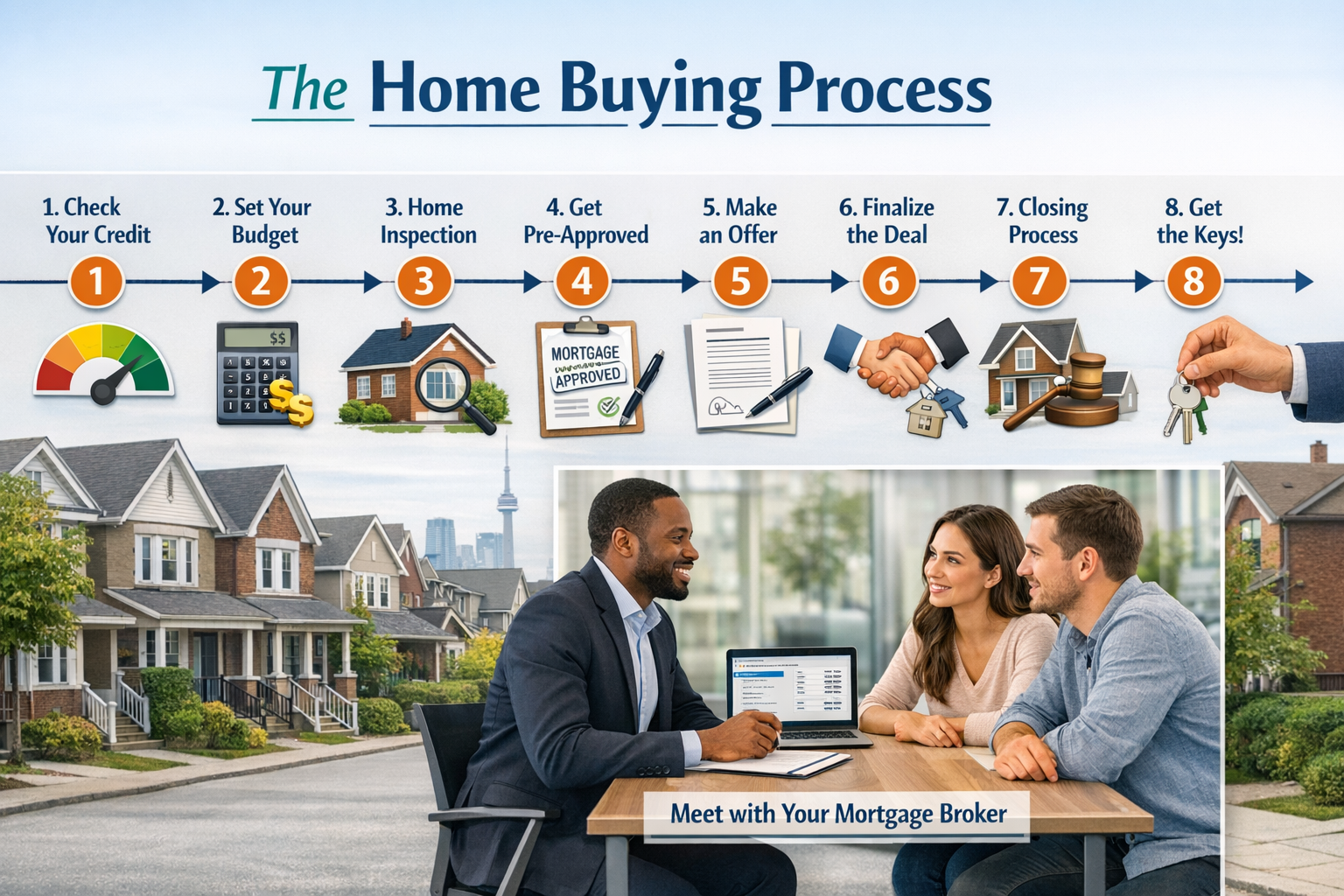 Landscape format (1536x1024) step-by-step visual guide showing home buying process flowchart, horizontal timeline with numbered circles 1-8,