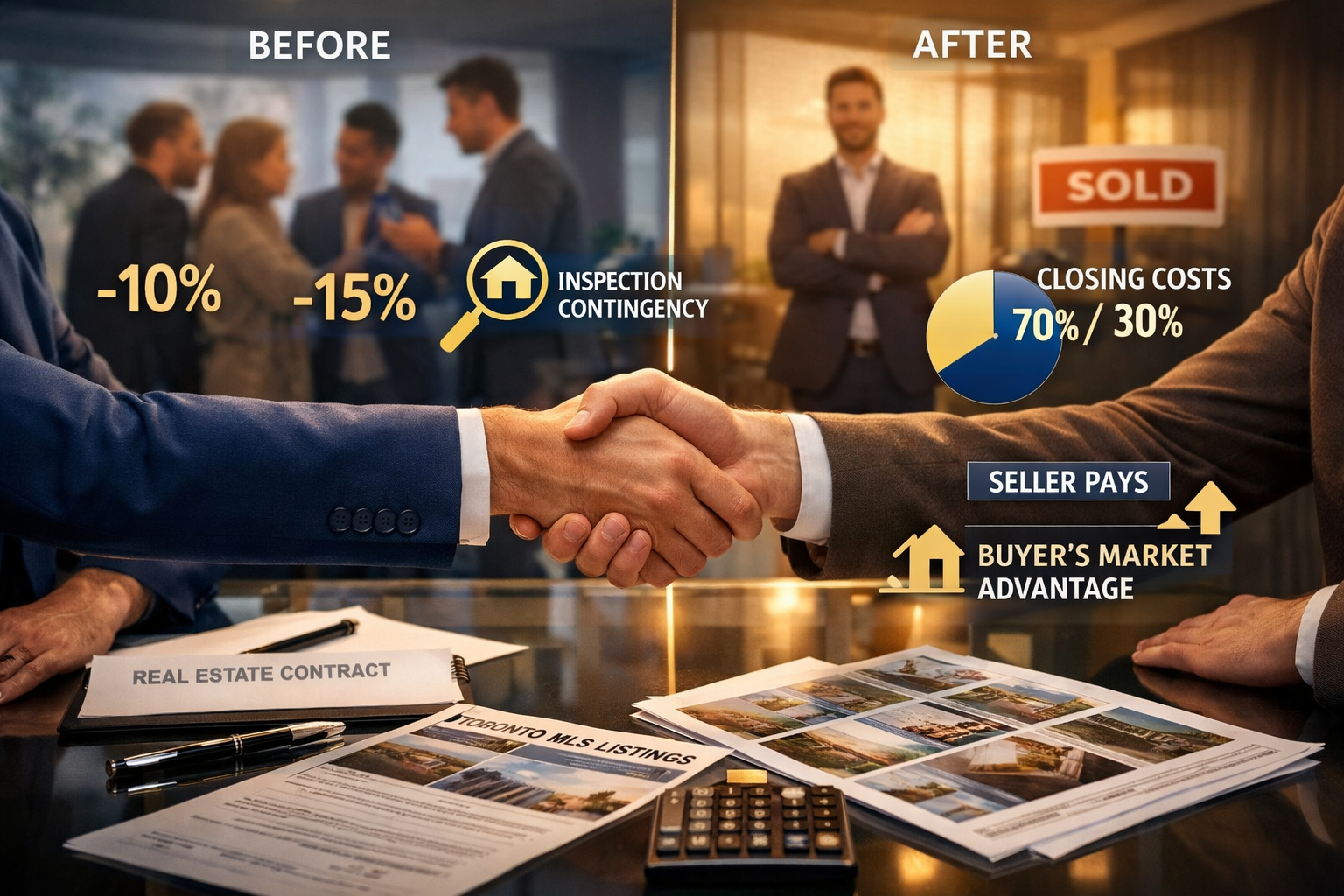 Landscape format (1536x1024) negotiation strategy concept image showing two professionals shaking hands across modern glass table, real esta