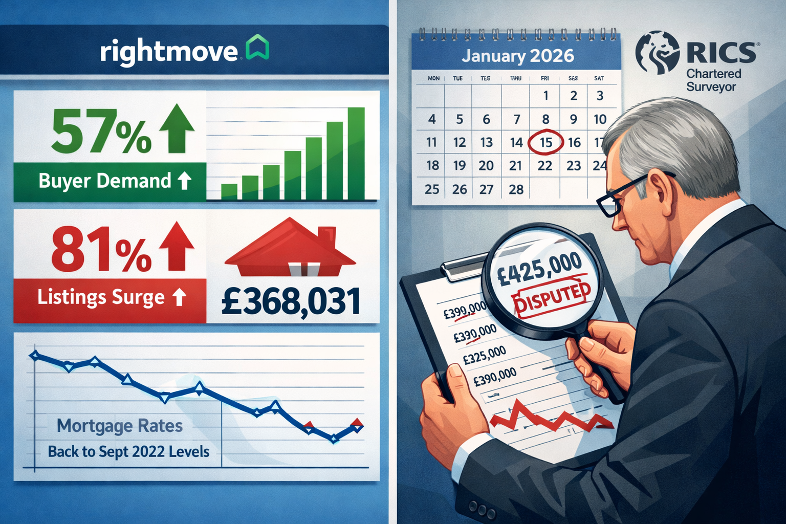 Detailed landscape format (1536x1024) image showing split-screen composition: left side displays Rightmove platform interface with upward tr