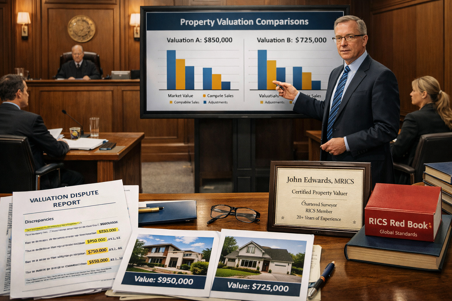 Detailed landscape format (1536x1024) courtroom scene showing expert witness in professional attire presenting testimony, standing beside la